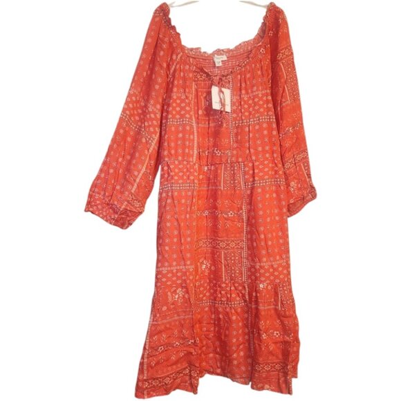 NEW Ruffle Coral Bohemian Beach Dress Size XXL 2XL Midi 3/4 Length Sleeves Scoop - Picture 2 of 5